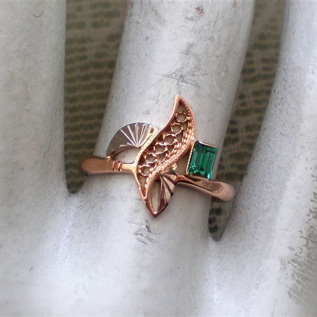 Vintage Soviet Ussr Solid 14k 583 Rose Pink White Gold Diamond Cut Emerald Ring